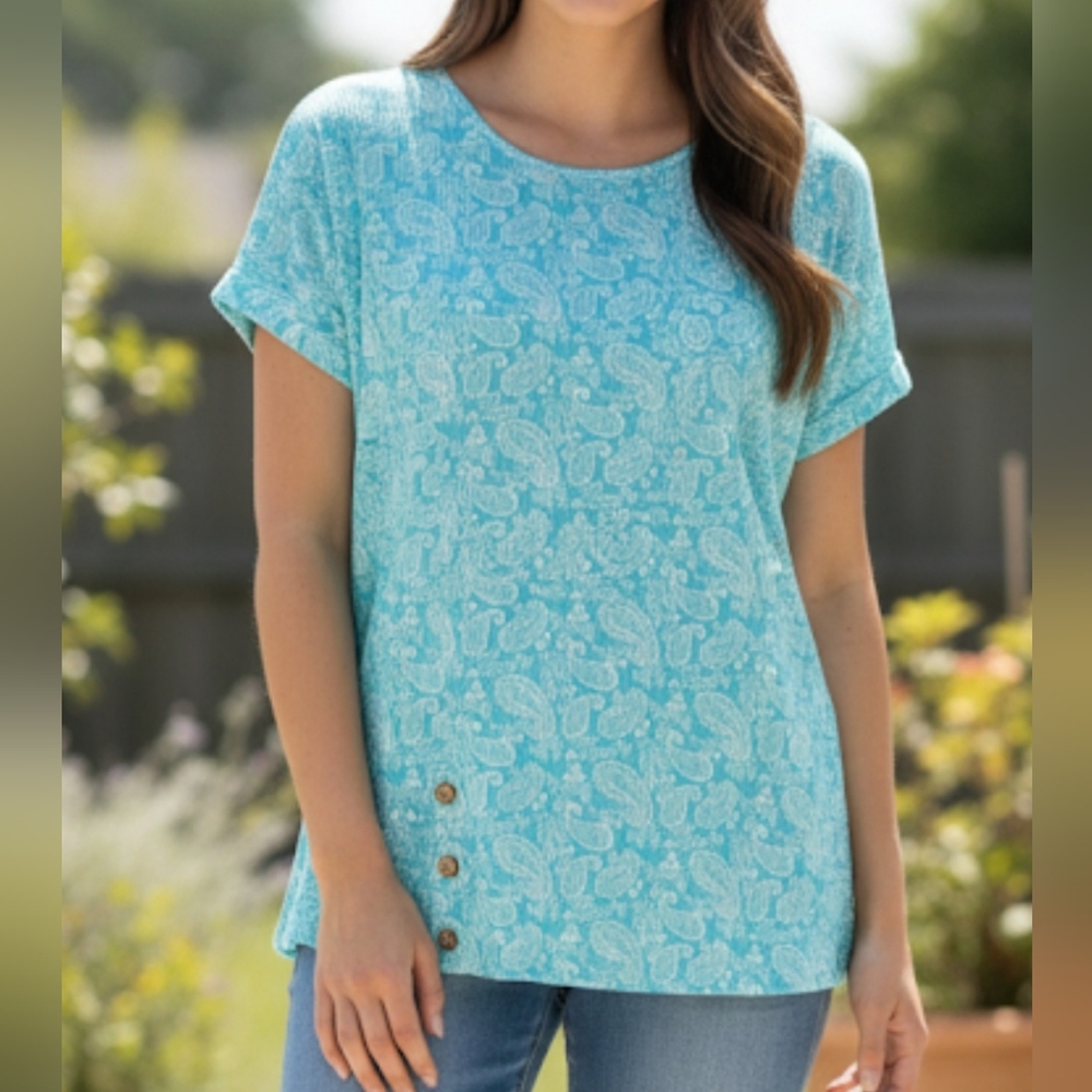 Anneliese Tropical Short Sleeve Top Womens Size 2X Button Accents Blue And White